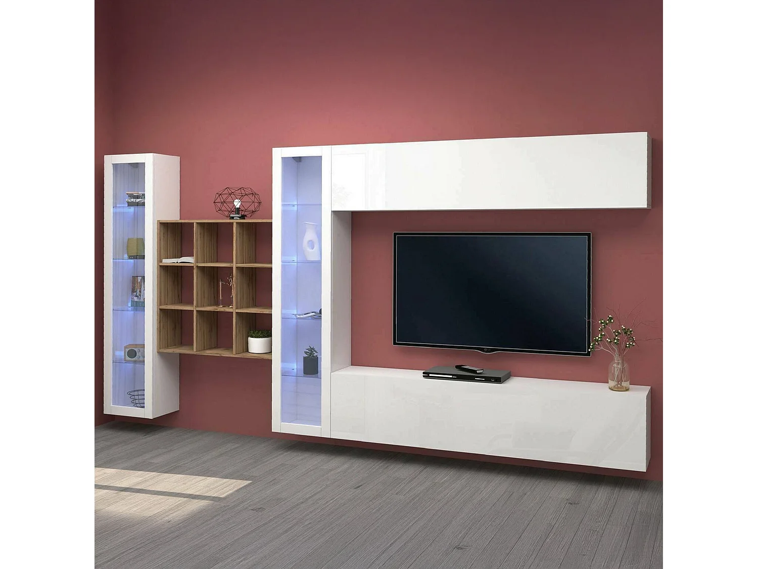 Système mural Dfancon, meuble TV 4 portes, Meuble de salon polyvalent avec vitrine et lumière LED, 100% Made in Italy, 350x30h180 cm, Blanc brillant
