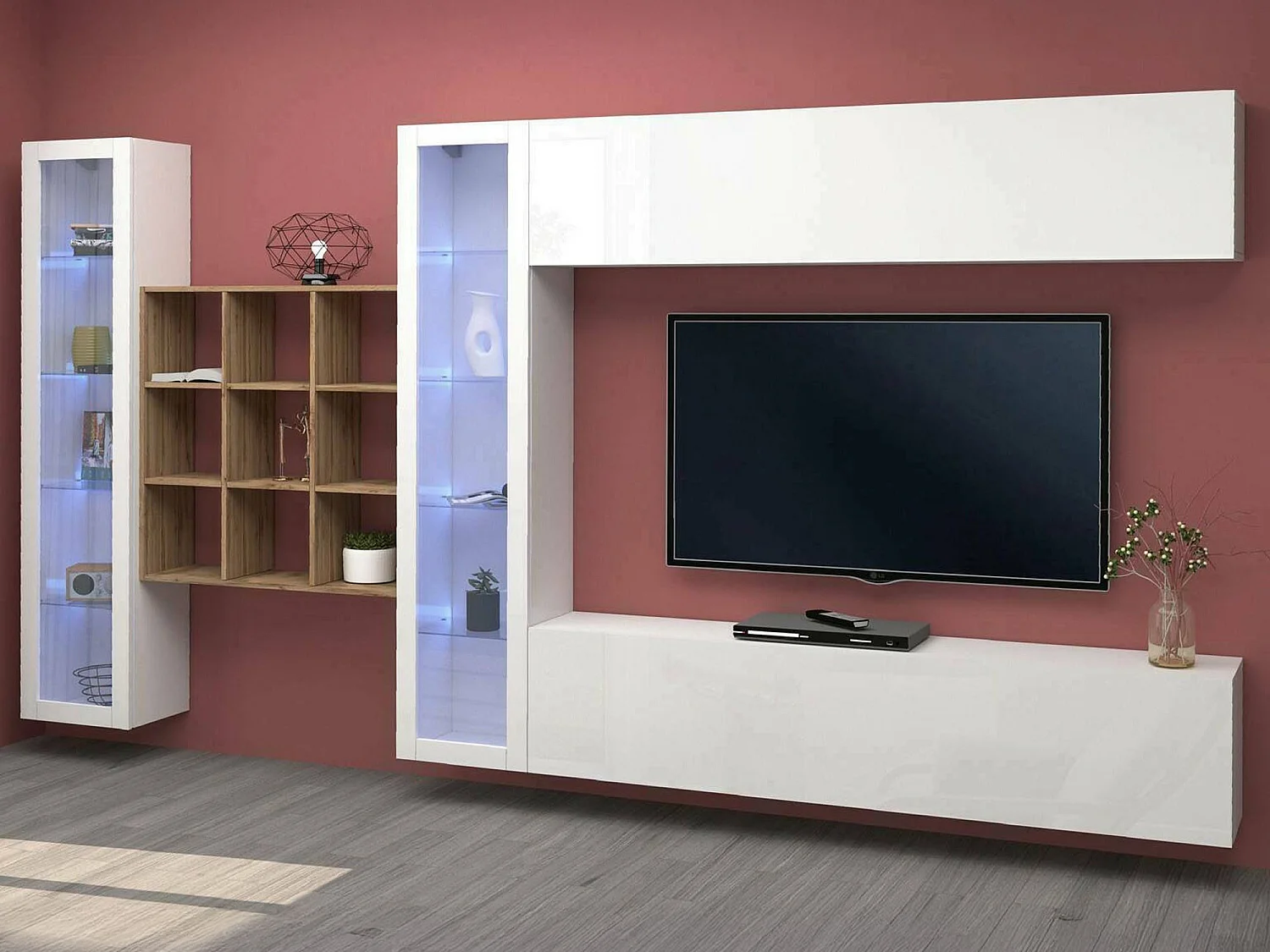 Système mural Dfancon, meuble TV 4 portes, Meuble de salon polyvalent avec vitrine et lumière LED, 100% Made in Italy, 350x30h180 cm, Blanc brillant