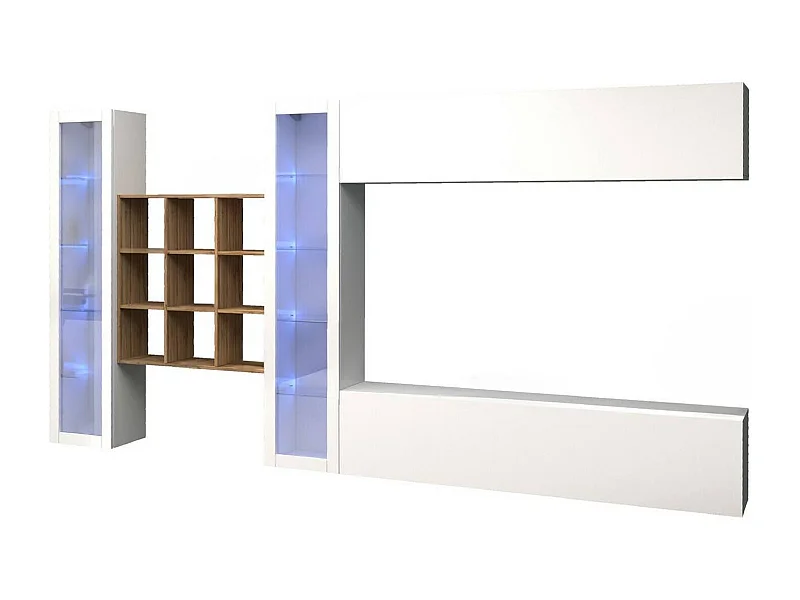 Système mural Dfancon, meuble TV 4 portes, Meuble de salon polyvalent avec vitrine et lumière LED, 100% Made in Italy, 350x30h180 cm, Blanc brillant
