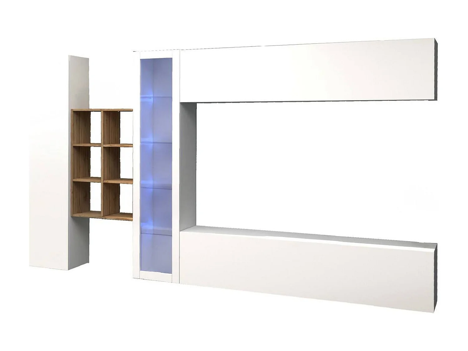 Élément mural Dcavio, meuble TV 4 portes, Meuble de salon polyvalent avec vitrine et lumière LED, 100% Made in Italy, 280x30h180 cm, Blanc brillant et érable
