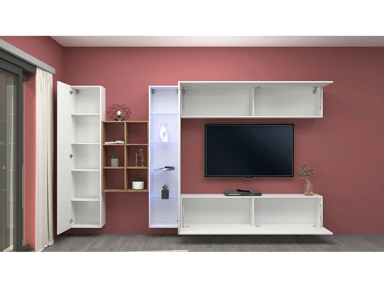 Élément mural Dcavio, meuble TV 4 portes, Meuble de salon polyvalent avec vitrine et lumière LED, 100% Made in Italy, 280x30h180 cm, Blanc brillant et érable