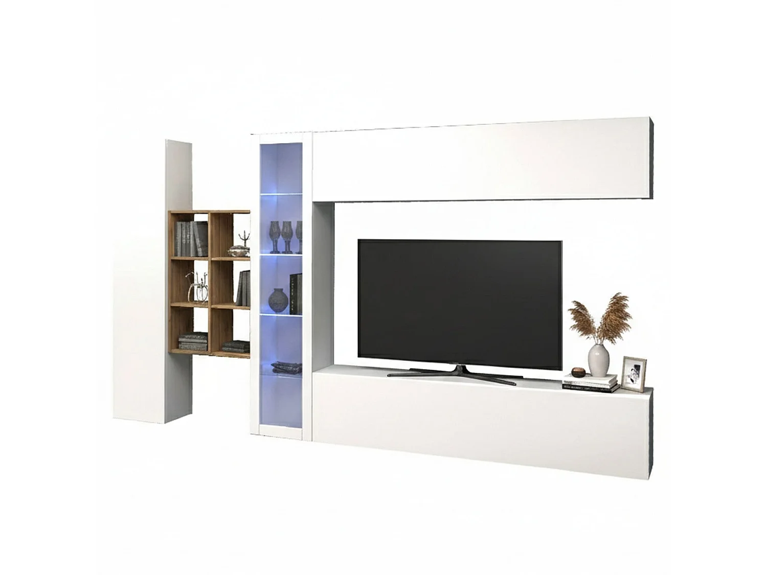 Élément mural Dcavio, meuble TV 4 portes, Meuble de salon polyvalent avec vitrine et lumière LED, 100% Made in Italy, 280x30h180 cm, Blanc brillant et érable