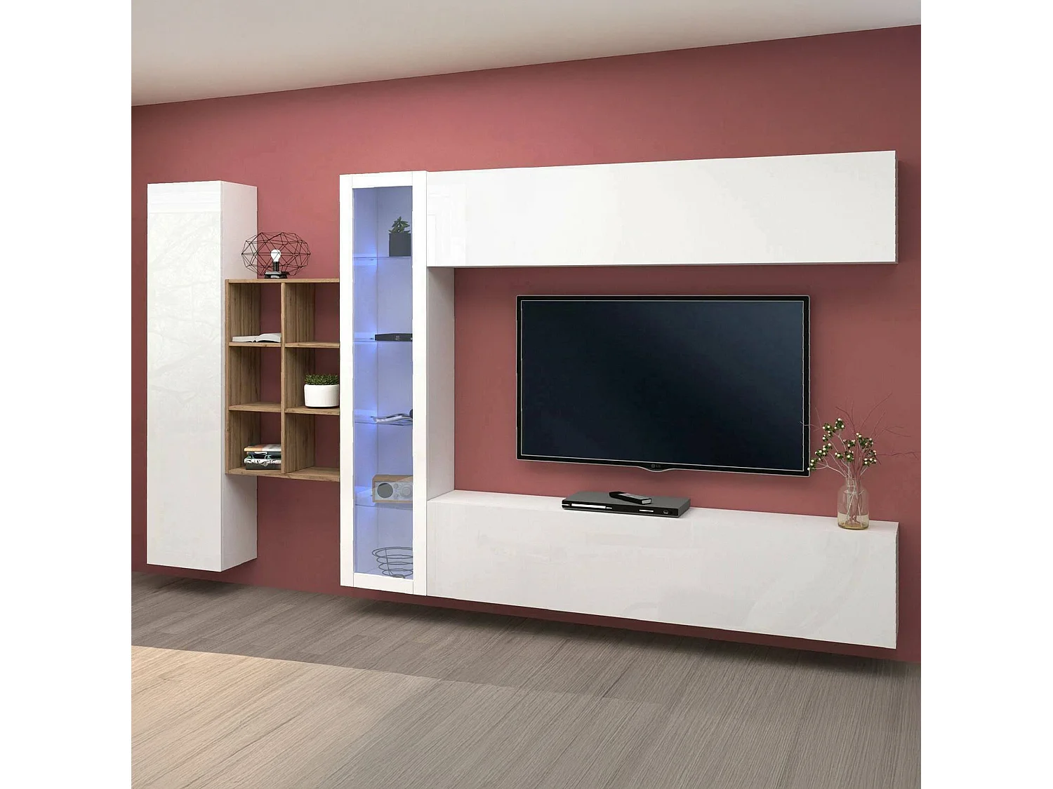 Élément mural Dcavio, meuble TV 4 portes, Meuble de salon polyvalent avec vitrine et lumière LED, 100% Made in Italy, 280x30h180 cm, Blanc brillant et érable