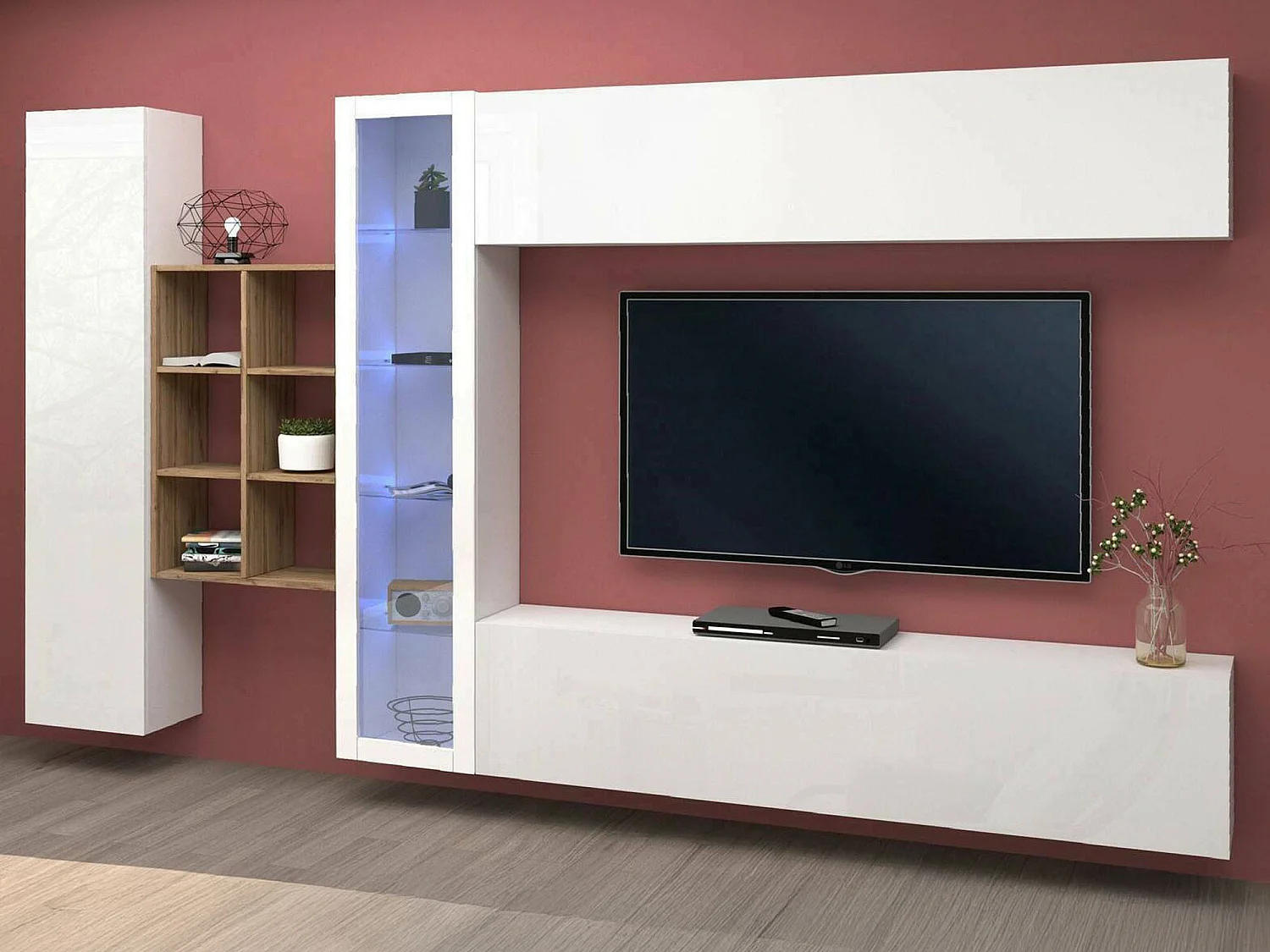 Élément mural Dcavio, meuble TV 4 portes, Meuble de salon polyvalent avec vitrine et lumière LED, 100% Made in Italy, 280x30h180 cm, Blanc brillant et érable