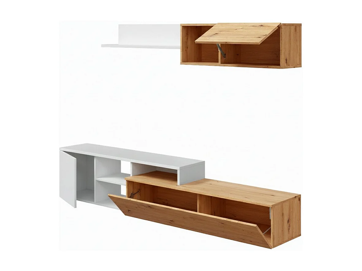 Pared equipada Dianes, Mueble de tv para salón, Composición de salón con mueble alto y estantería, 220x40h44 cm, Roble efecto nudo y Blanco