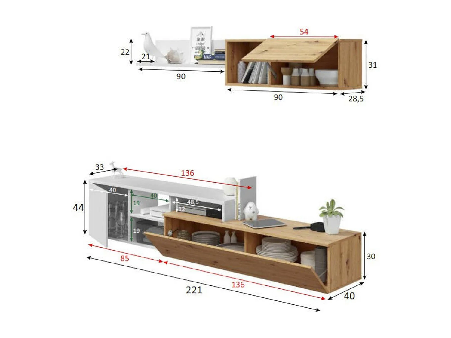 Ensemble mural Dianes, Meuble TV réversible, Composition de salon avec élément mural et étagère, 220x40h44 cm, Chêne effet nÅ"ud et Blanc