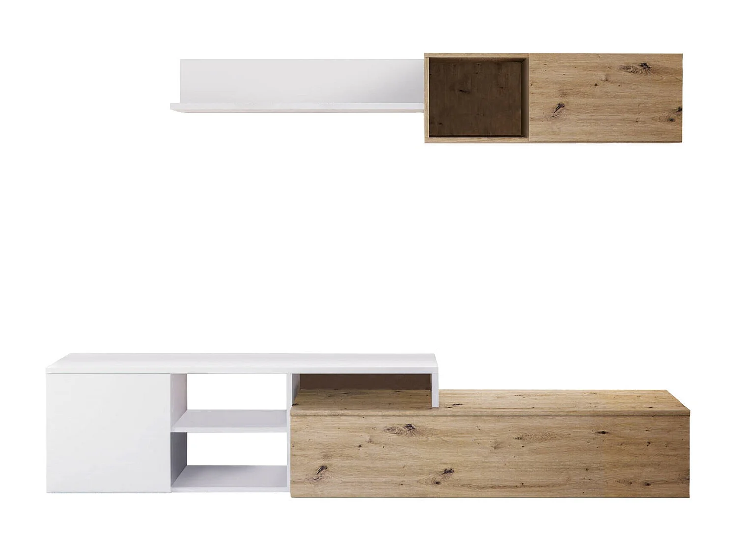 Einbaufertige Wand Dianes, TV-Ständer für Wohnzimmer, Wohnzimmerkomposition mit Wohnwand und Regal, 220x40h44 cm, Asteffekt Eiche und WeiÃŸ