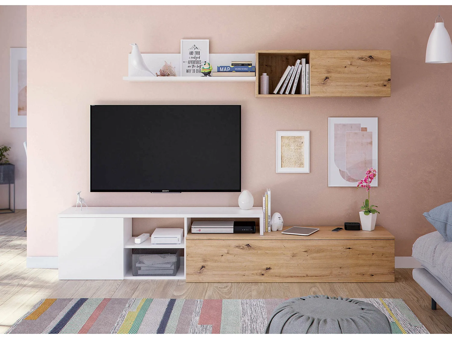 Einbaufertige Wand Dianes, TV-Ständer für Wohnzimmer, Wohnzimmerkomposition mit Wohnwand und Regal, 220x40h44 cm, Asteffekt Eiche und WeiÃŸ