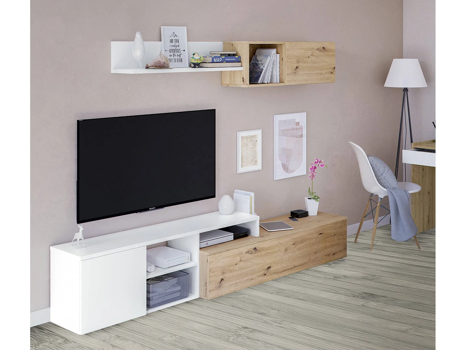 Einbaufertige Wand Dianes, TV-Ständer für Wohnzimmer, Wohnzimmerkomposition mit Wohnwand und Regal, 220x40h44 cm, Asteffekt Eiche und WeiÃŸ