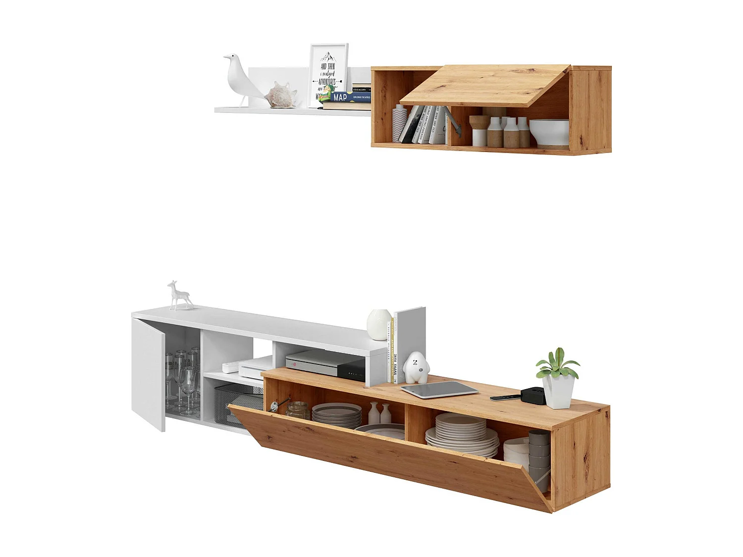 Einbaufertige Wand Dianes, TV-Ständer für Wohnzimmer, Wohnzimmerkomposition mit Wohnwand und Regal, 220x40h44 cm, Asteffekt Eiche und WeiÃŸ