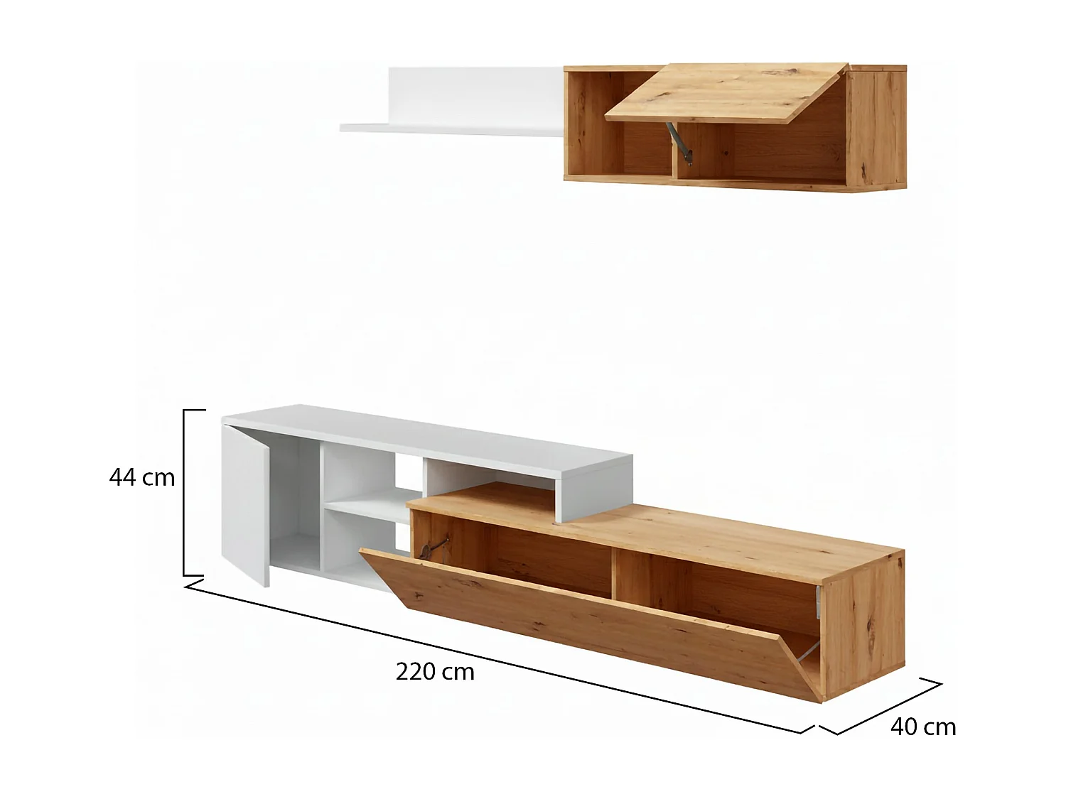 Einbaufertige Wand Dianes, TV-Ständer für Wohnzimmer, Wohnzimmerkomposition mit Wohnwand und Regal, 220x40h44 cm, Asteffekt Eiche und WeiÃŸ