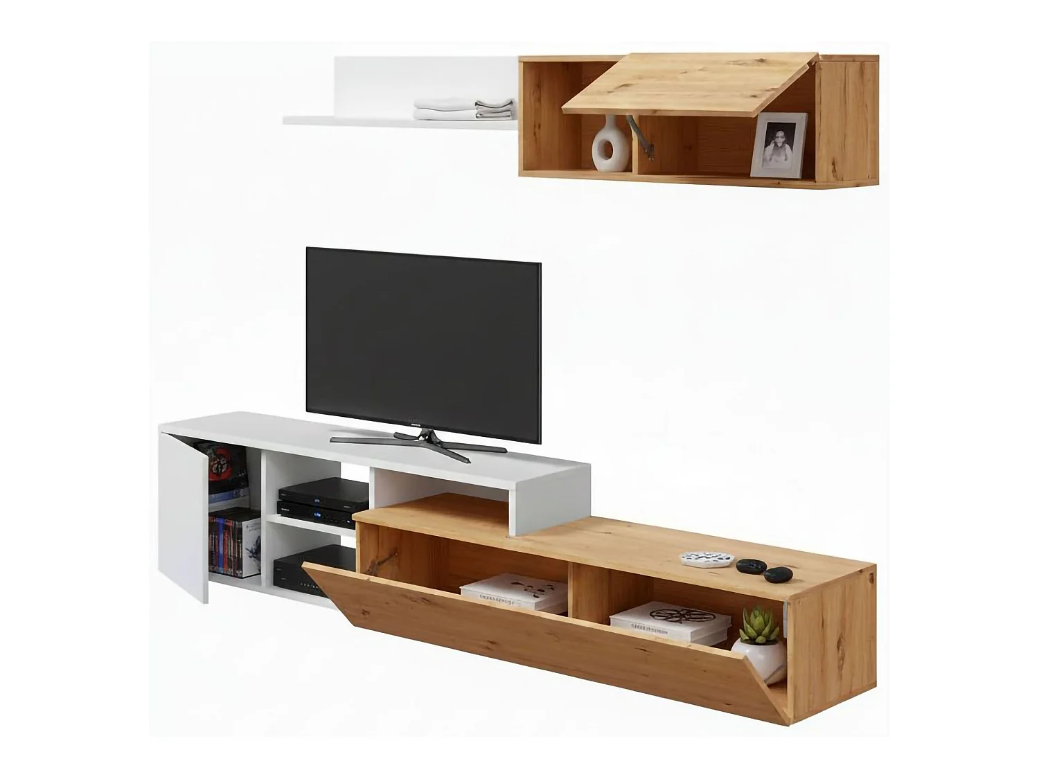 Móvel de parede Dianes, Móvel de sala de TV reversível, Composição de sala com móvel de parede e prateleira, 220x40h44 cm, Carvalho com efeito nó e Branco