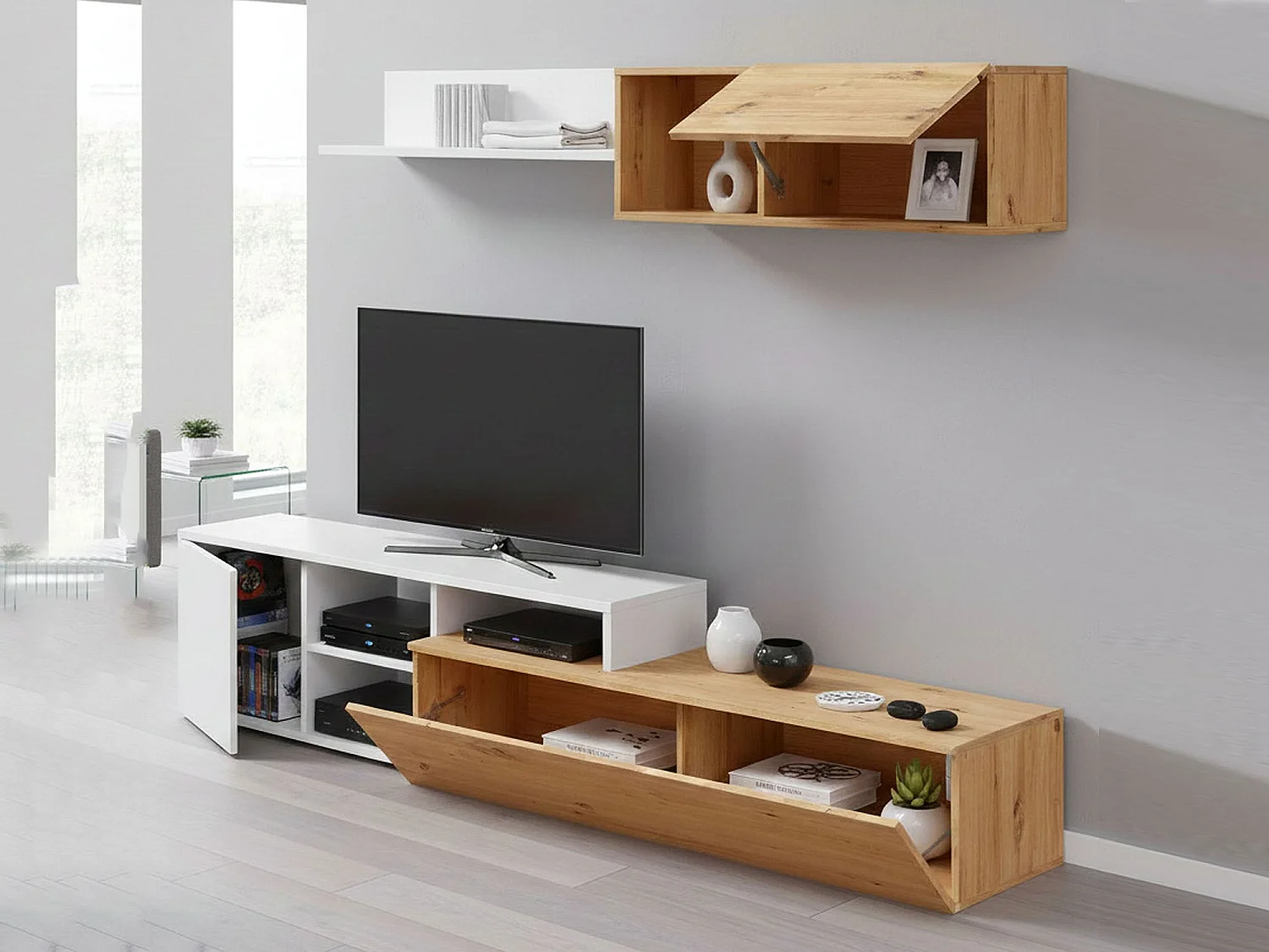 Móvel de parede Dianes, Móvel de sala de TV reversível, Composição de sala com móvel de parede e prateleira, 220x40h44 cm, Carvalho com efeito nó e Branco