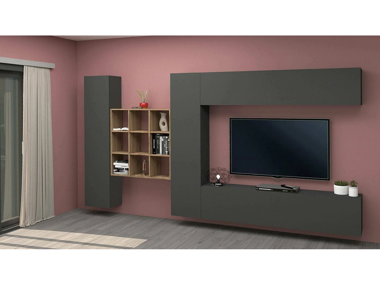 Dfallic wandmeubel, 4-deurs tv-meubel woonkamerset, multifunctioneel woonkamermeubilair, 100% Made in Italy, 350x30h180 cm, antraciet