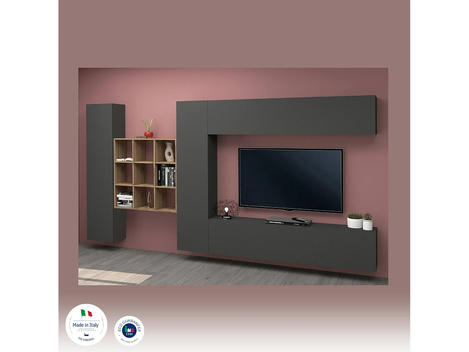 Wohnzimmermöbel Dfallic, Wohnzimmer-Set TV-Möbel mit 4 Türen, Mehrzweck-Wohnmöbel, 100 % Made in Italy, cm 350x30h180, Anthrazit