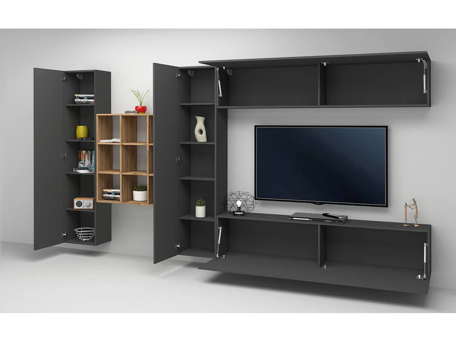 Móvel de parede Dfallic, conjunto de sala de TV com 4 portas, móveis de sala multiuso, 100% Fabricado na Itália, 350x30h180 cm, Antracite