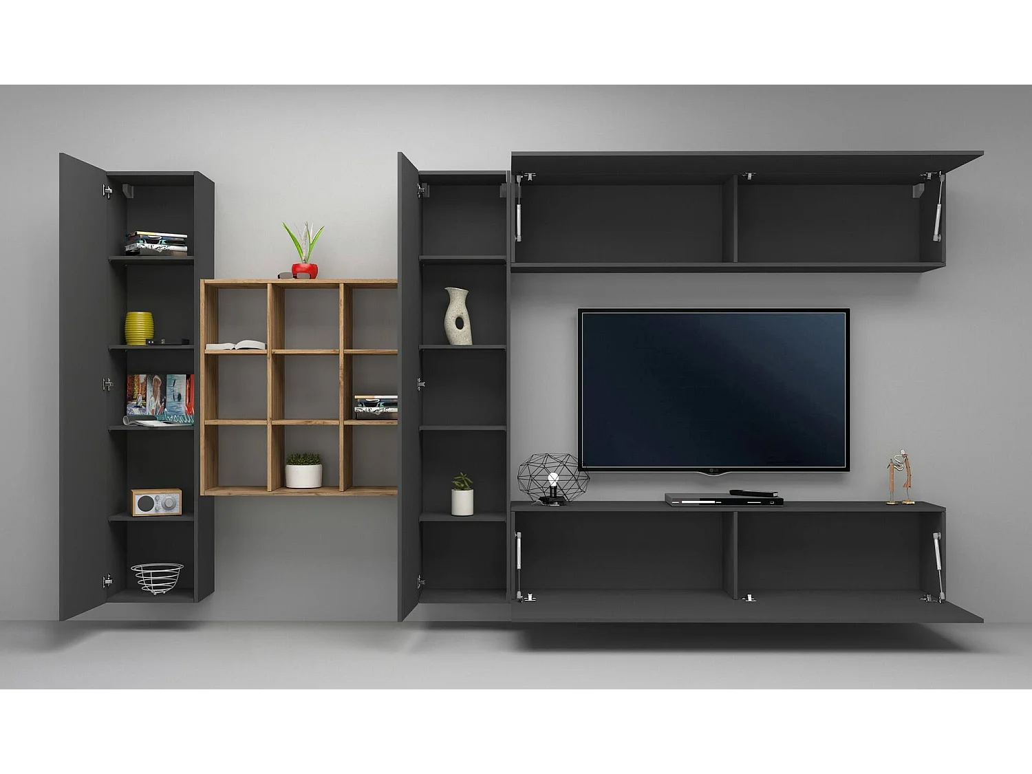 Dfallic wandmeubel, 4-deurs tv-meubel woonkamerset, multifunctioneel woonkamermeubilair, 100% Made in Italy, 350x30h180 cm, antraciet