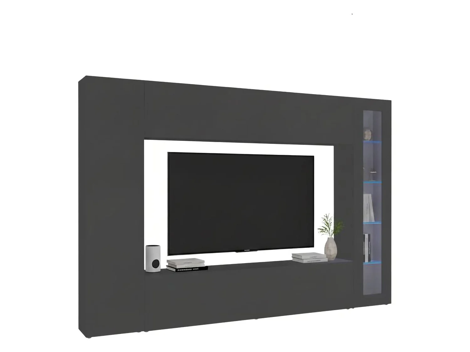 Système mural Dceid, ensemble de salon meuble TV, meuble de salon polyvalent avec vitrine et lumière LED, 100% Made in Italy, 260x30h180 cm, Anthracite