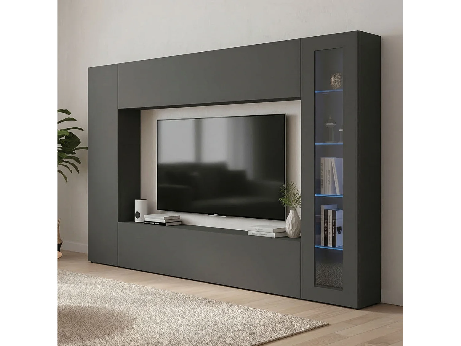 Système mural Dceid, ensemble de salon meuble TV, meuble de salon polyvalent avec vitrine et lumière LED, 100% Made in Italy, 260x30h180 cm, Anthracite