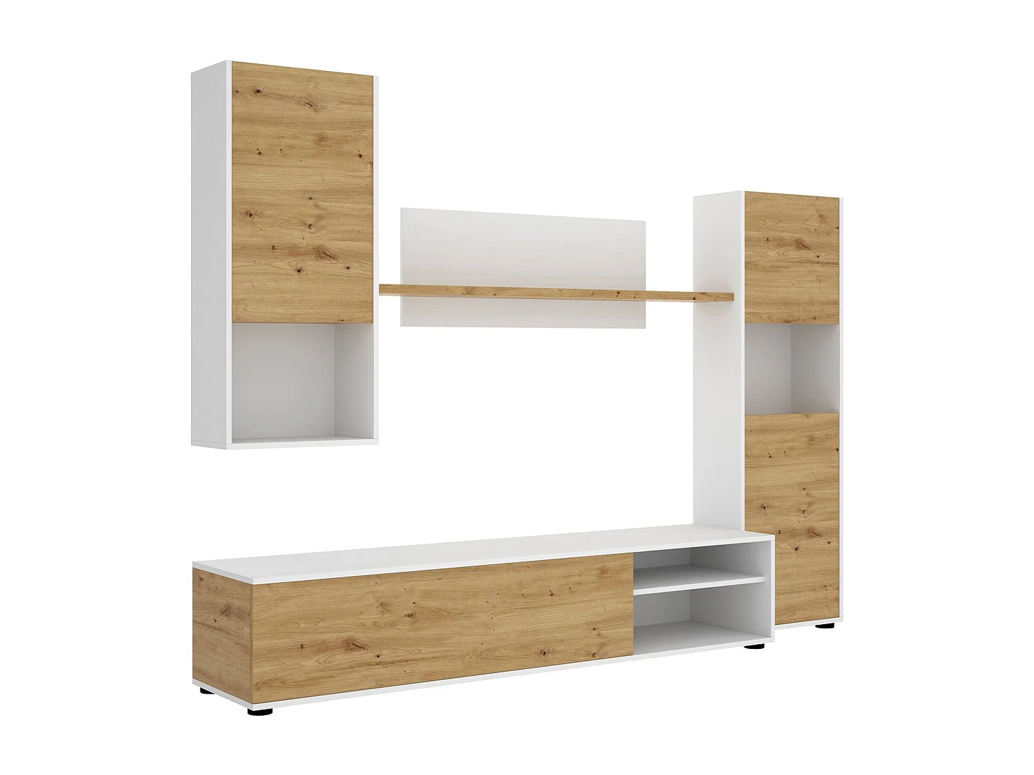 Foraker wandsysteem, TV-meubel woonkamerset, Multifunctioneel woonkamermeubilair, 220x41h180 cm, Geknoopt eiken en wit