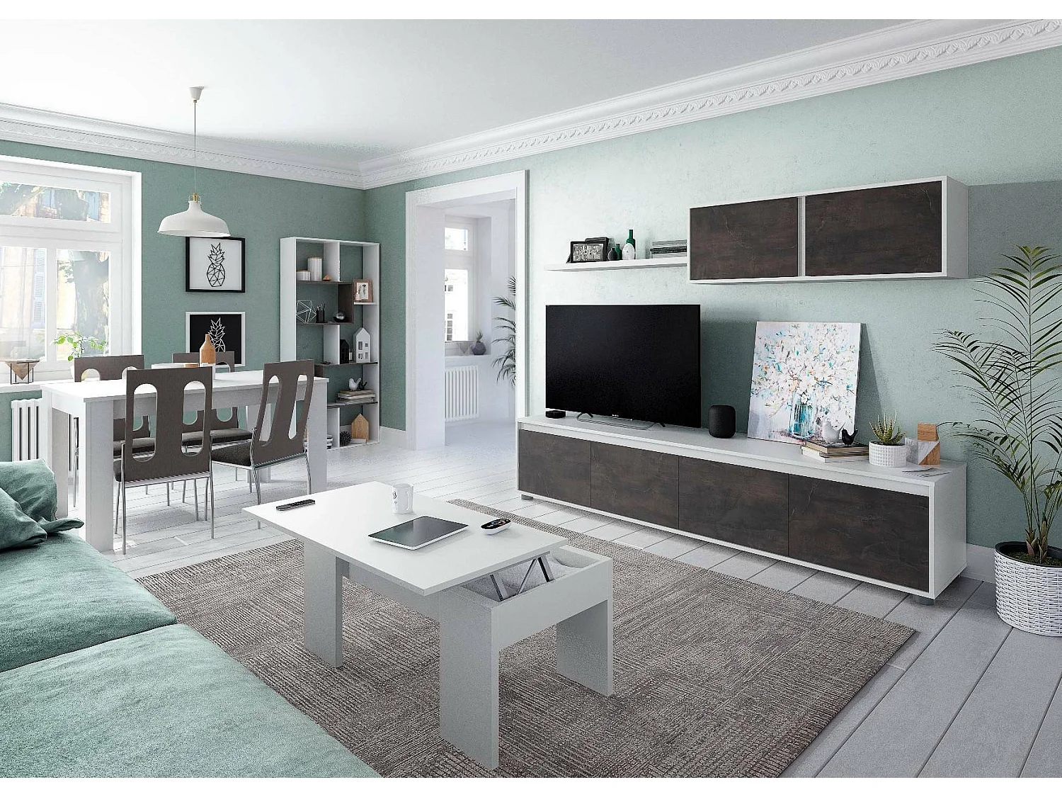 Pared equipada Damatte, Mueble de tv para salón, Composición del juego de sala, Juego de salón con mueble alto, 200x41h43 cm, Blanco y Oxido