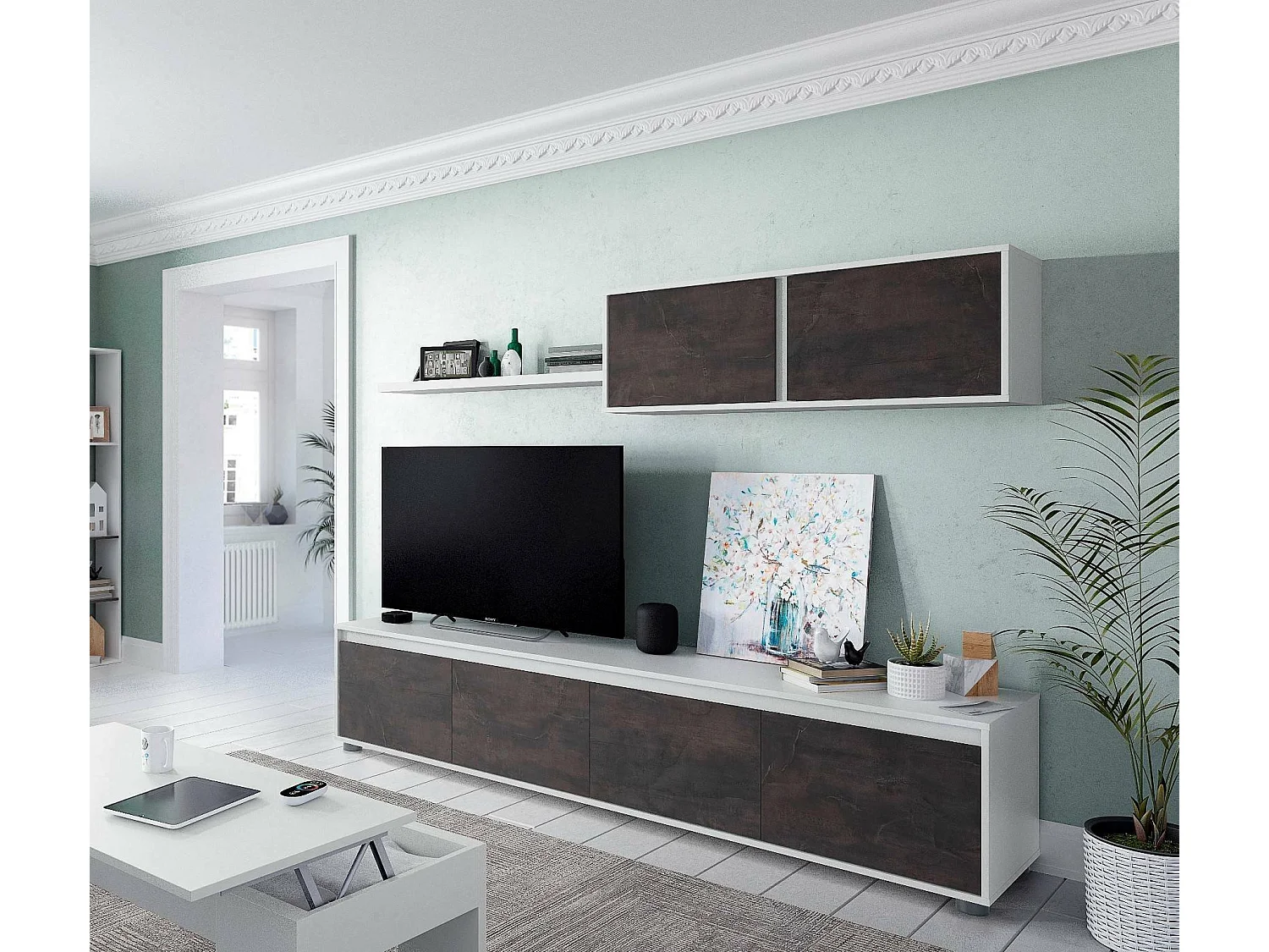 Einbaufertige Wand Damatte, TV-Ständer für Wohnzimmer, Zusammensetzung des Wohnzimmersets, Wohnzimmergarnitur mit Schrankwand, 200x41h43 cm, WeiÃŸ und Oxid