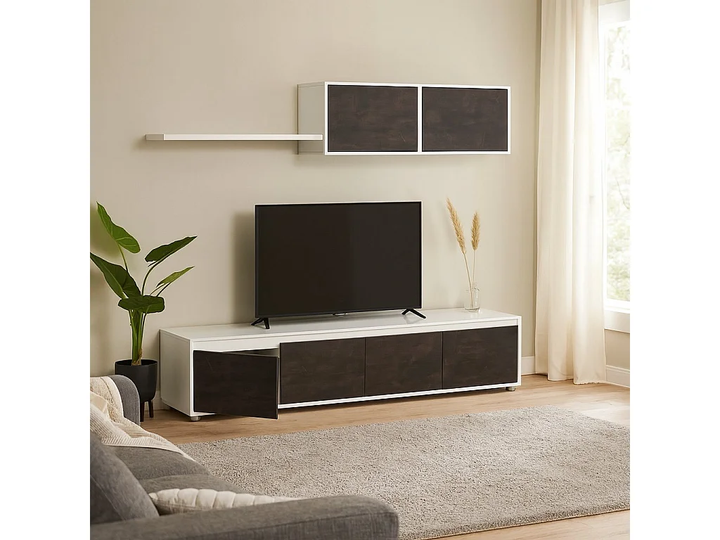 Einbaufertige Wand Damatte, TV-Ständer für Wohnzimmer, Zusammensetzung des Wohnzimmersets, Wohnzimmergarnitur mit Schrankwand, 200x41h43 cm, WeiÃŸ und Oxid