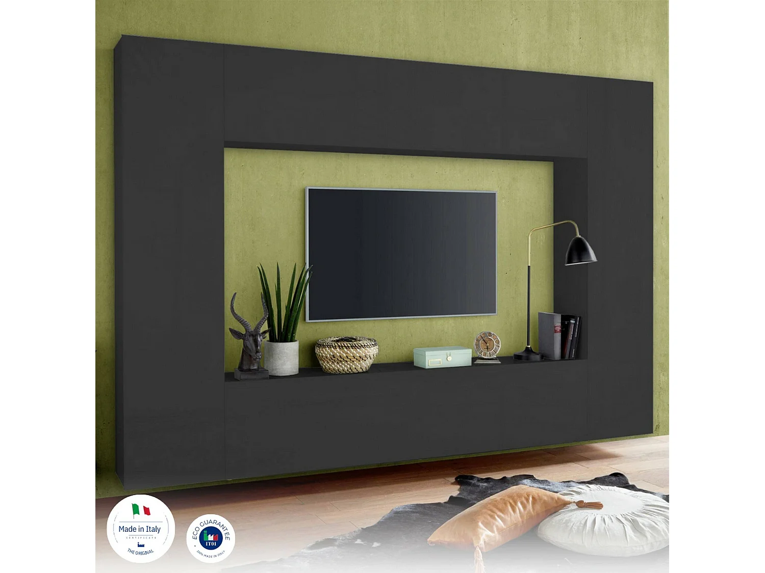 Dgirm wandsysteem, 4-deurs tv-meubel woonkamerset, multifunctioneel woonkamermeubilair, 100% Made in Italy, 260x30h180 cm, antraciet