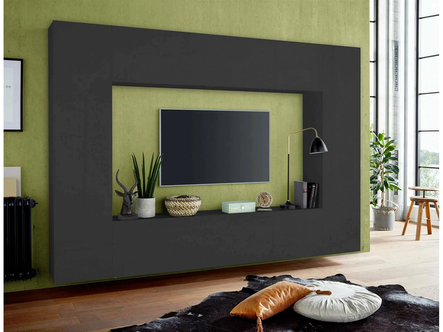 Dgirm wandsysteem, 4-deurs tv-meubel woonkamerset, multifunctioneel woonkamermeubilair, 100% Made in Italy, 260x30h180 cm, antraciet
