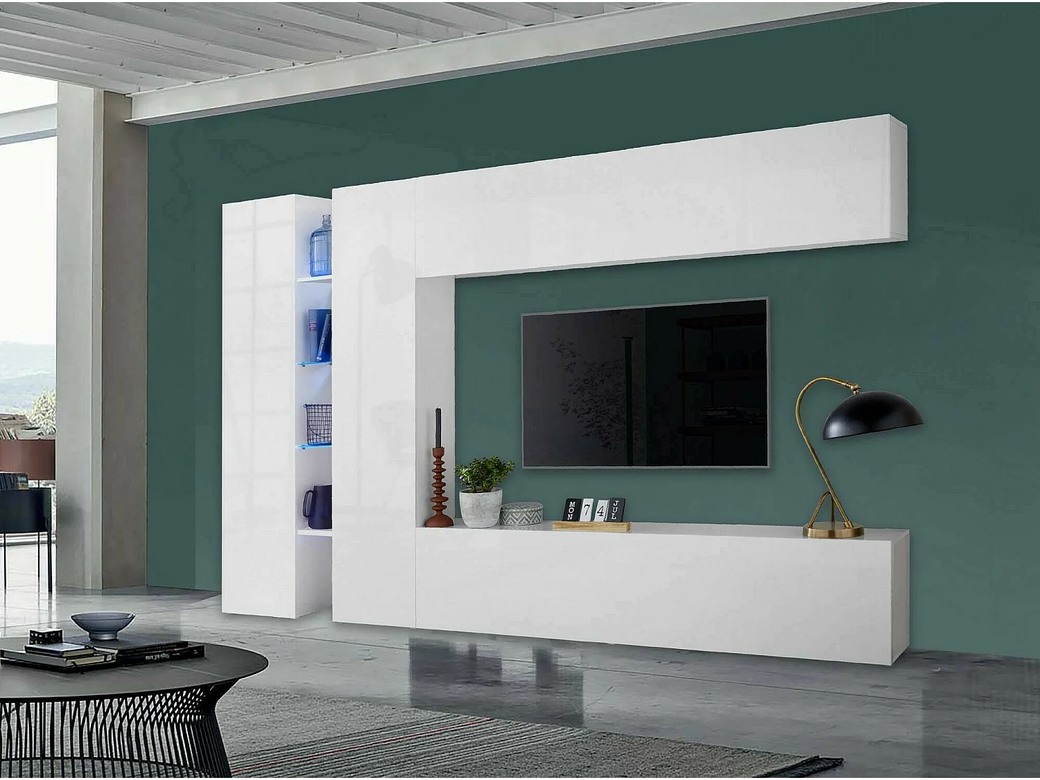 Sistema de parede Dboudr, conjunto de sala de TV com 4 portas, móveis de sala multiuso, 100% fabricado na Itália, 280x30x180 cm, branco brilhante