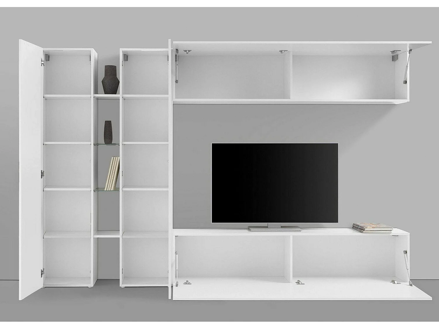 Sistema de parede Dboudr, conjunto de sala de TV com 4 portas, móveis de sala multiuso, 100% fabricado na Itália, 280x30x180 cm, branco brilhante