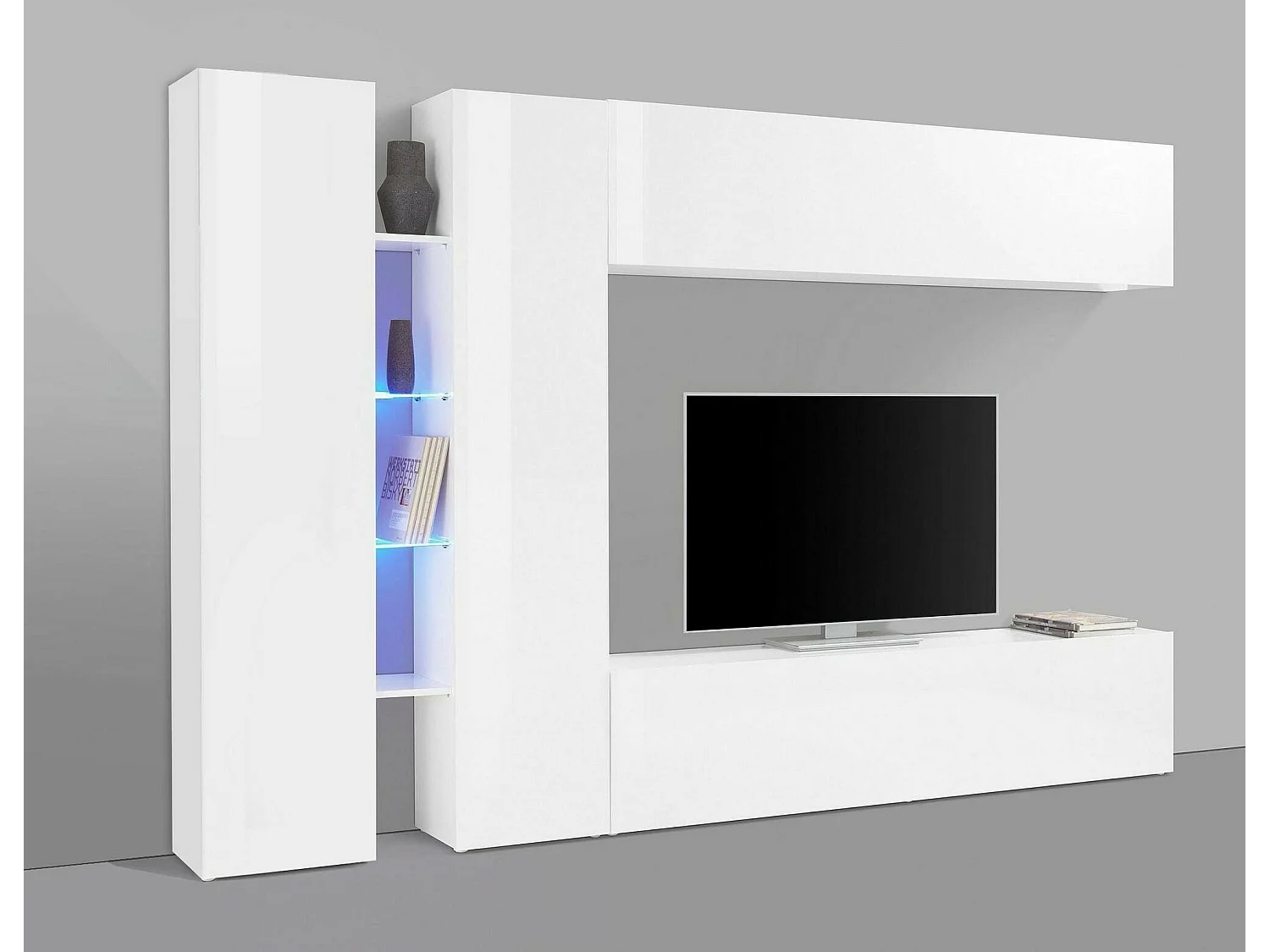 Sistema de parede Dboudr, conjunto de sala de TV com 4 portas, móveis de sala multiuso, 100% fabricado na Itália, 280x30x180 cm, branco brilhante