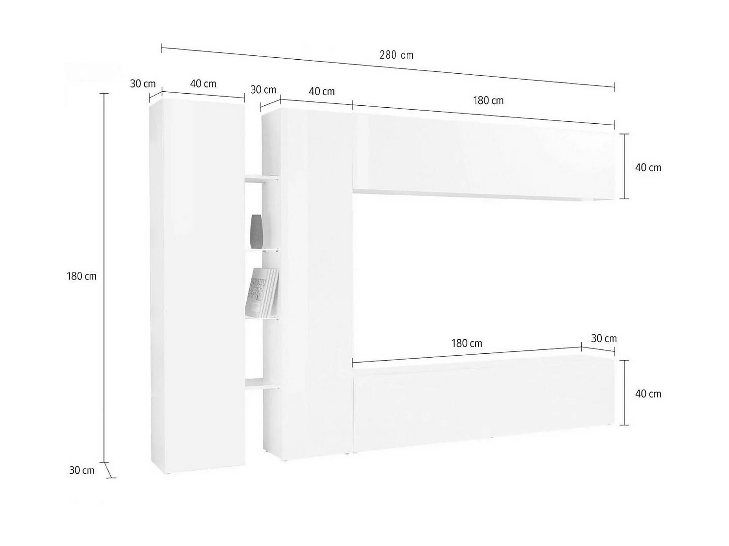 Parete Attrezzata Enstatite, 15 Ripiani Made in Italy, 30x280x180h cm Bianco Lucido