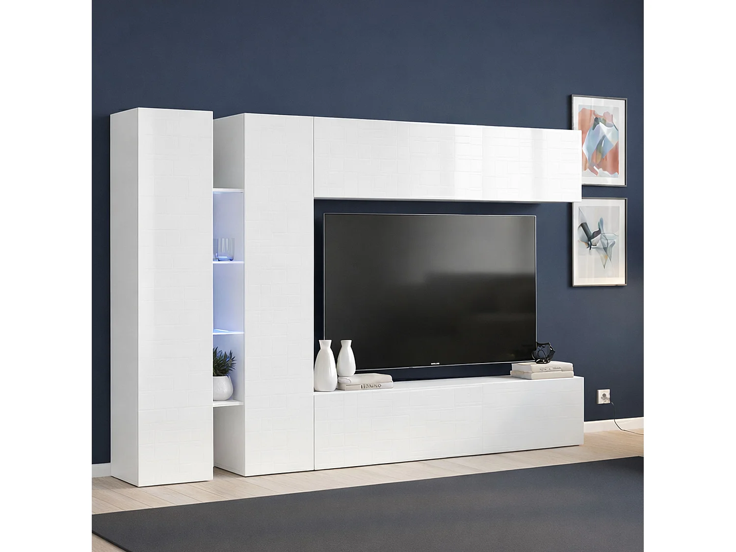 Ensemble mural Dboudr, meuble TV 4 portes, meuble de salon polyvalent, 100% Made in Italy, 280x30x180 cm, Blanc brillant