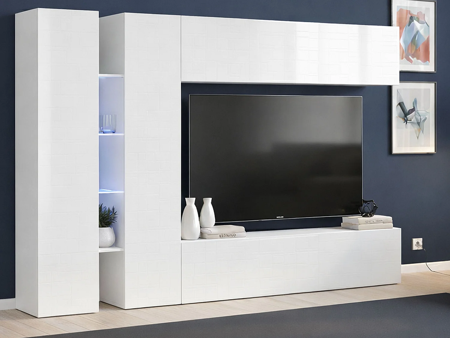 Ensemble mural Dboudr, meuble TV 4 portes, meuble de salon polyvalent, 100% Made in Italy, 280x30x180 cm, Blanc brillant