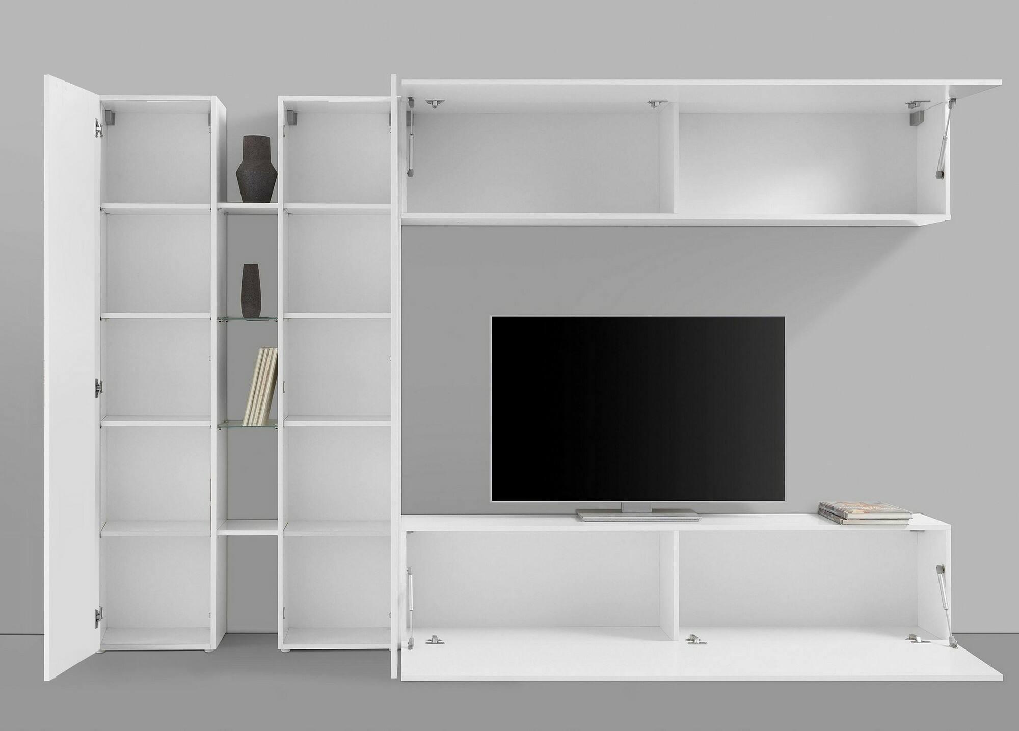 Mobile porta tv 180 cm con pensile in legno bianco lucido e naturale - Eike