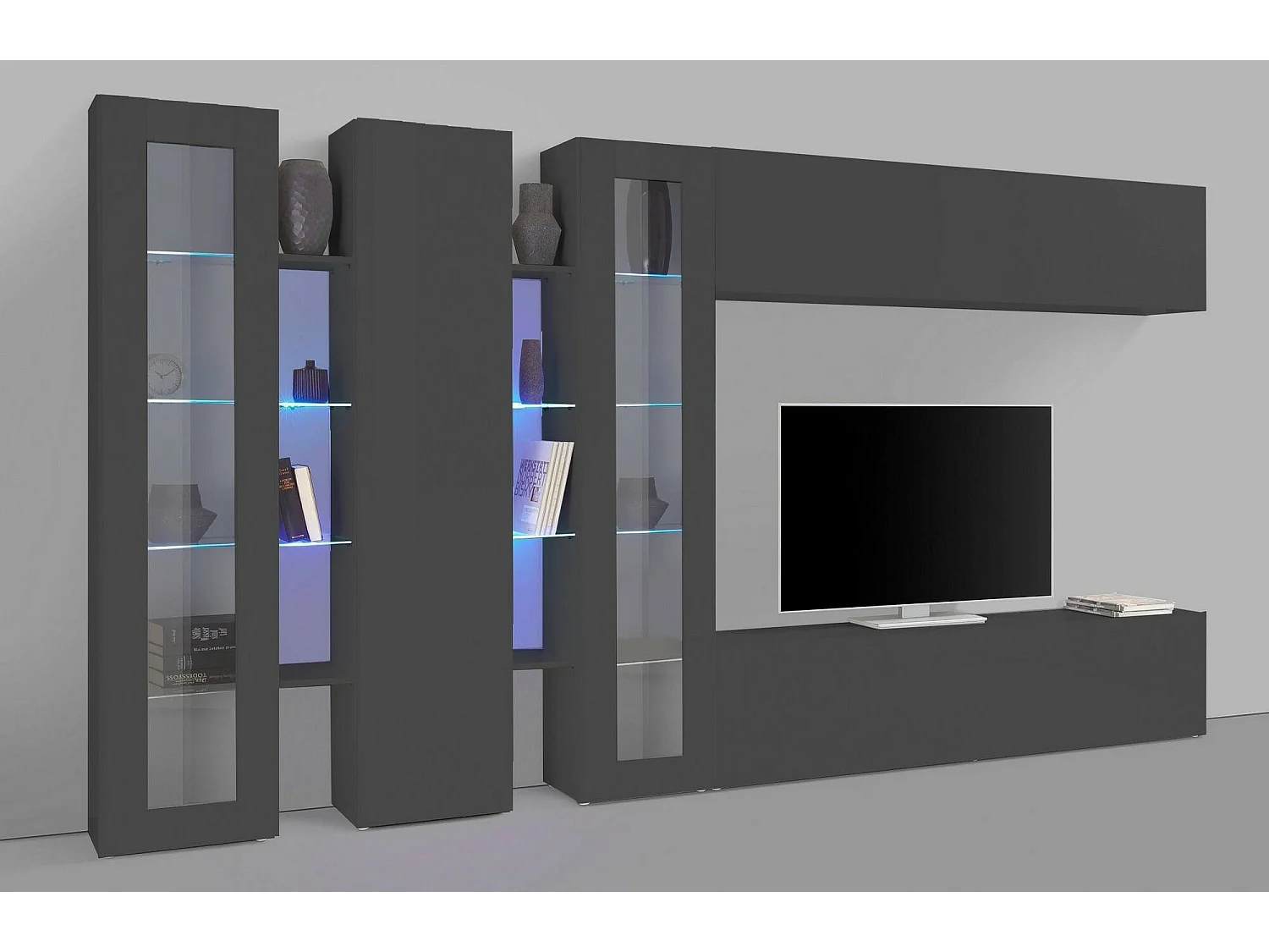 Dbenal wandsysteem, 5-deurs tv-meubel woonkamerset, multifunctioneel woonkamermeubilair, 100% Made in Italy, 340x30h180 cm, antraciet