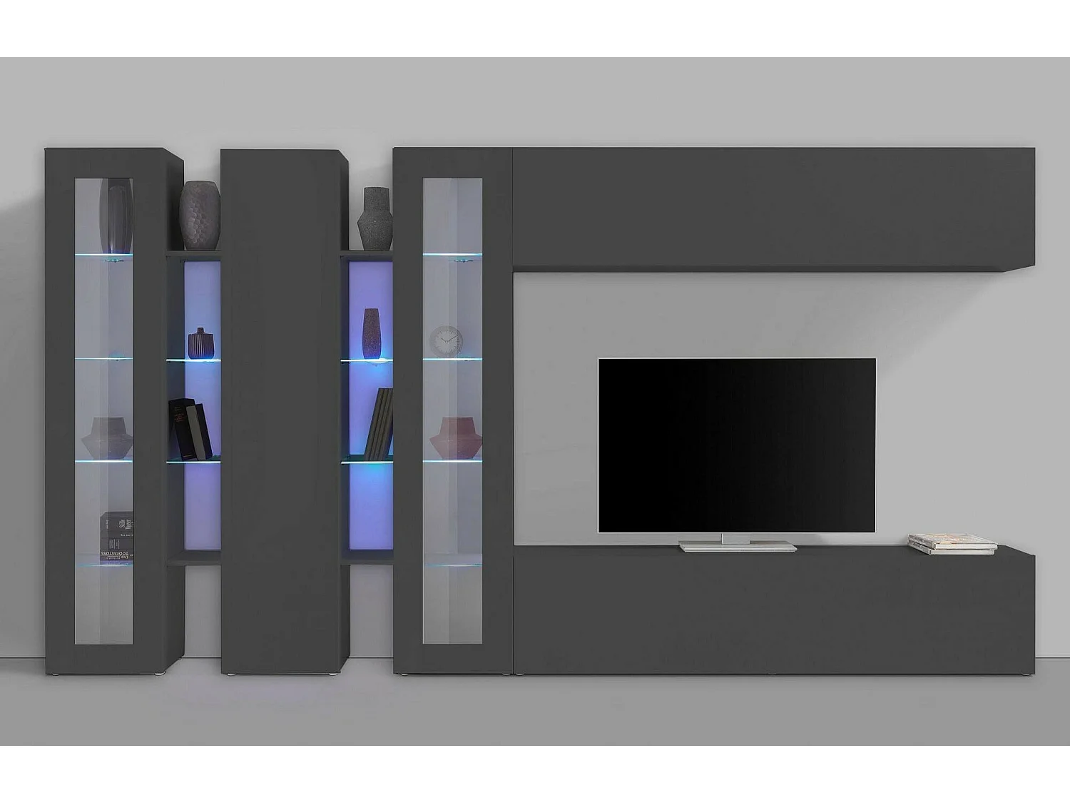 Dbenal wandsysteem, 5-deurs tv-meubel woonkamerset, multifunctioneel woonkamermeubilair, 100% Made in Italy, 340x30h180 cm, antraciet