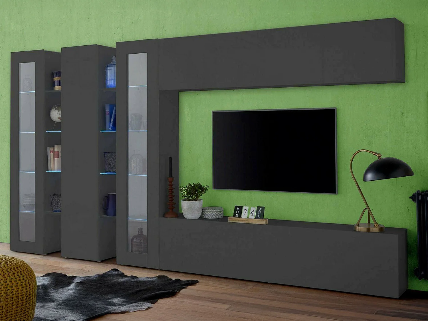 Système mural Dbenal, meuble TV 5 portes, meuble de salon polyvalent, 100% Made in Italy, 340x30h180 cm, Anthracite