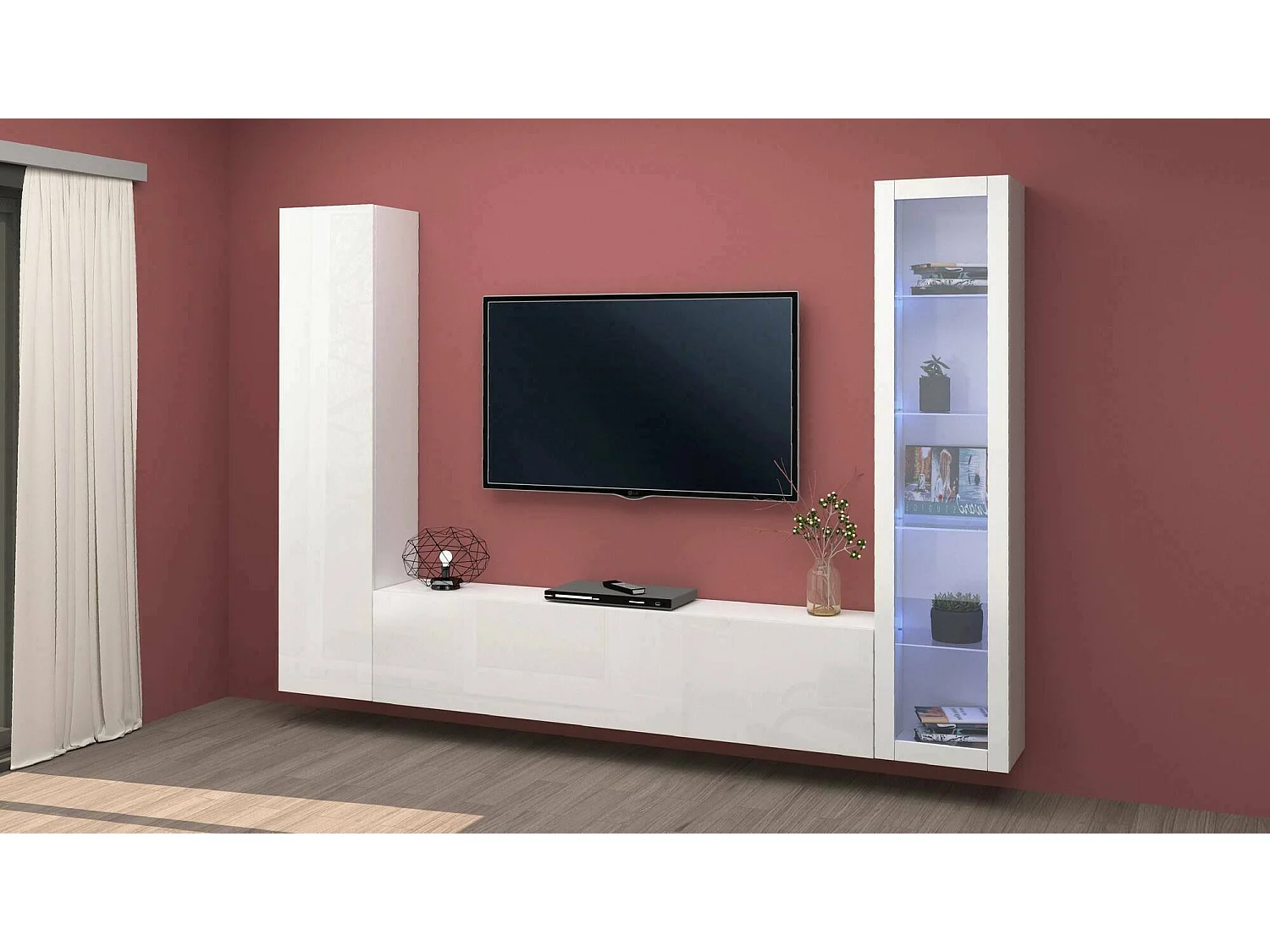 Dekda wandsysteem, 3-deurs TV-meubel woonkamerset, Multifunctioneel woonkamermeubel met vitrine en LED-licht, 100% Made in Italy, 260x30h180 cm, Glanzend wit