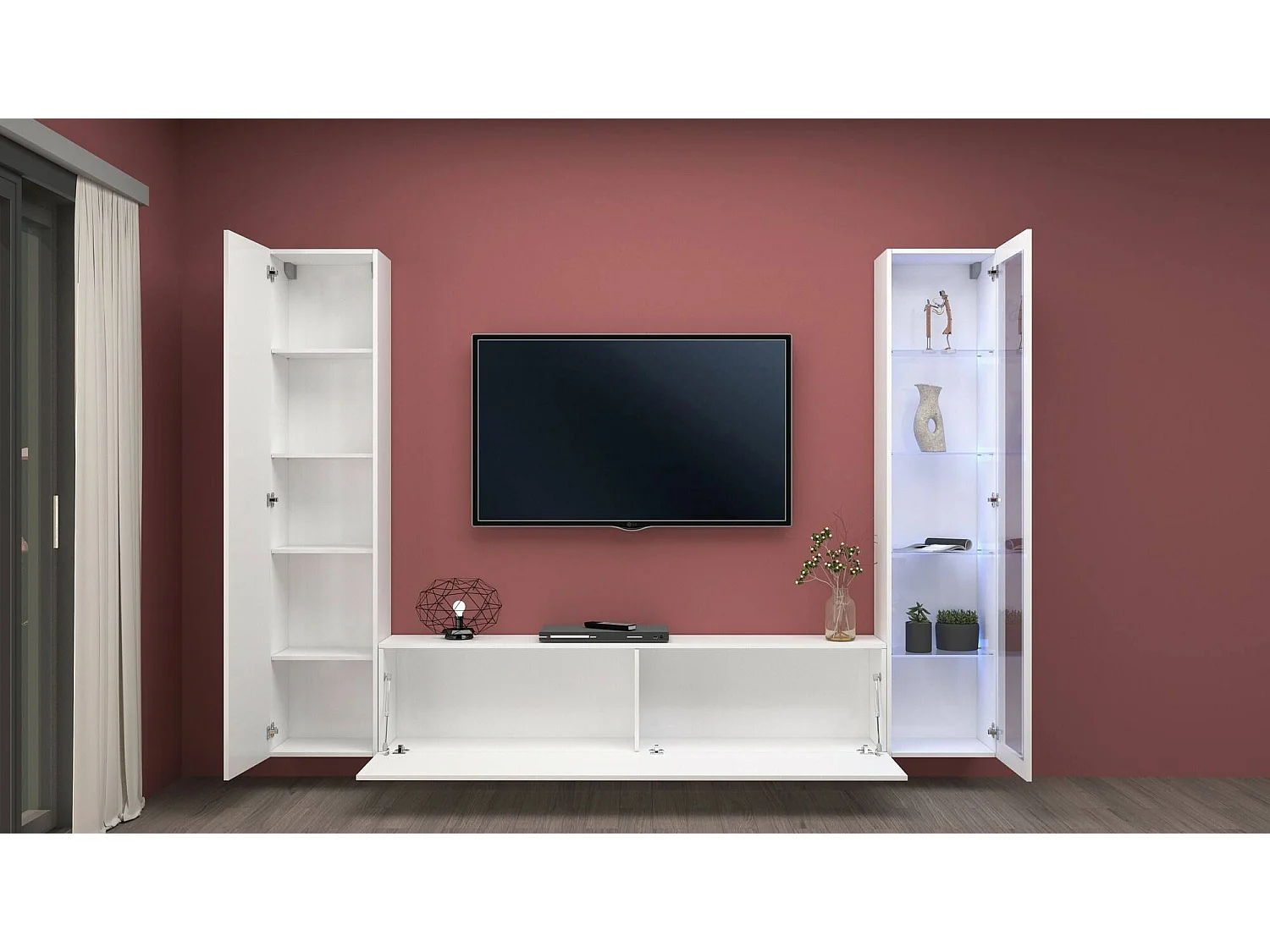 Parete Attrezzata Felicina, 9 Ripiani Made in Italy, 30x260x180h cm Bianco Lucido