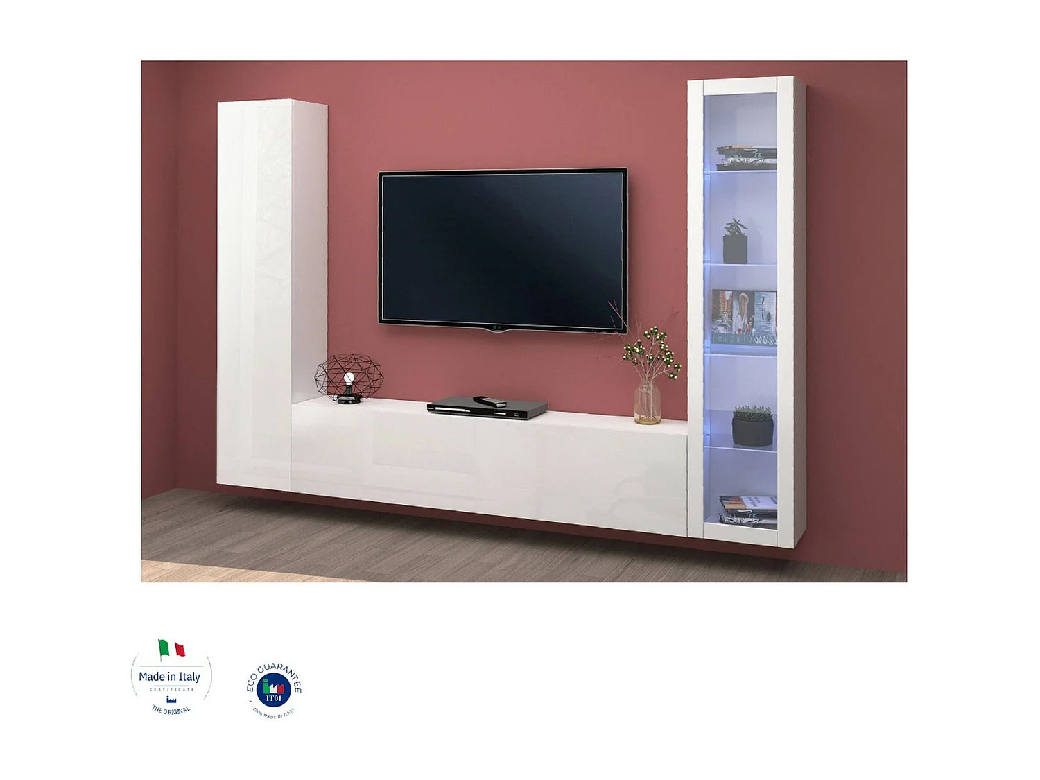 Parete Attrezzata Felicina, 9 Ripiani Made in Italy, 30x260x180h cm Bianco Lucido