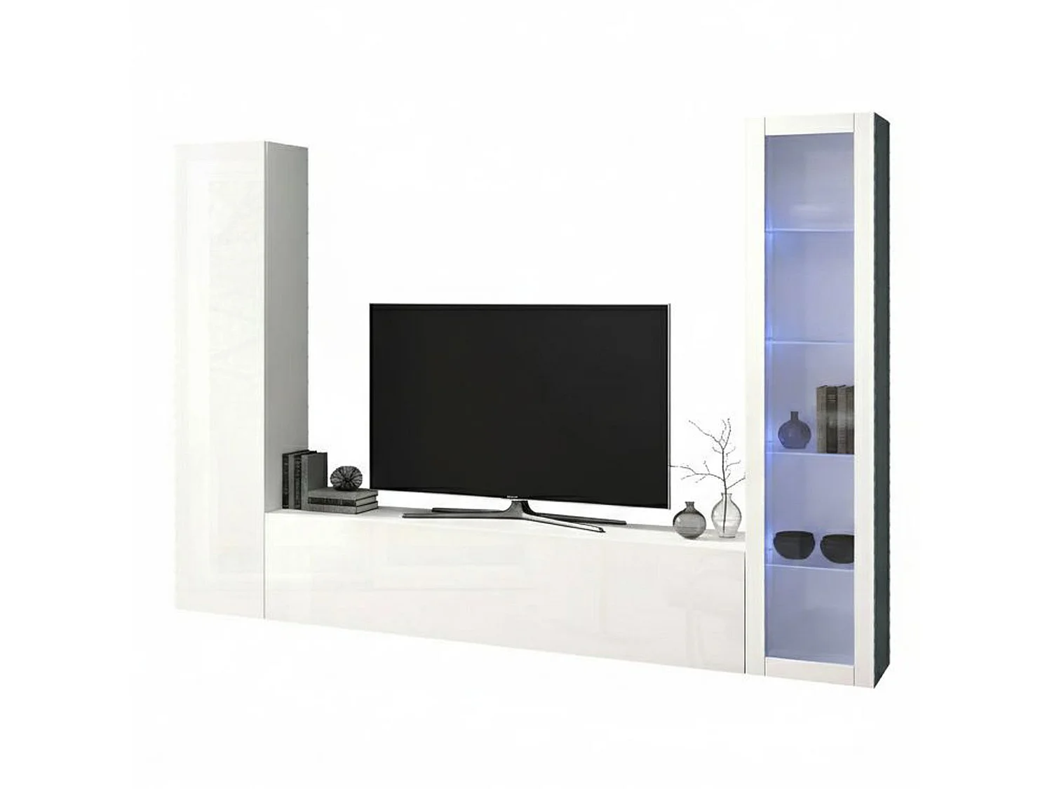 Système mural Dekda, meuble TV 3 portes, Meuble de salon polyvalent avec vitrine et lumière LED, 100% Made in Italy, 260x30h180 cm, Blanc brillant