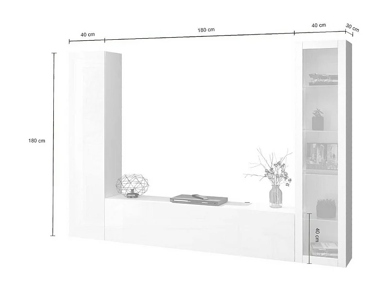 Système mural Dekda, meuble TV 3 portes, Meuble de salon polyvalent avec vitrine et lumière LED, 100% Made in Italy, 260x30h180 cm, Blanc brillant