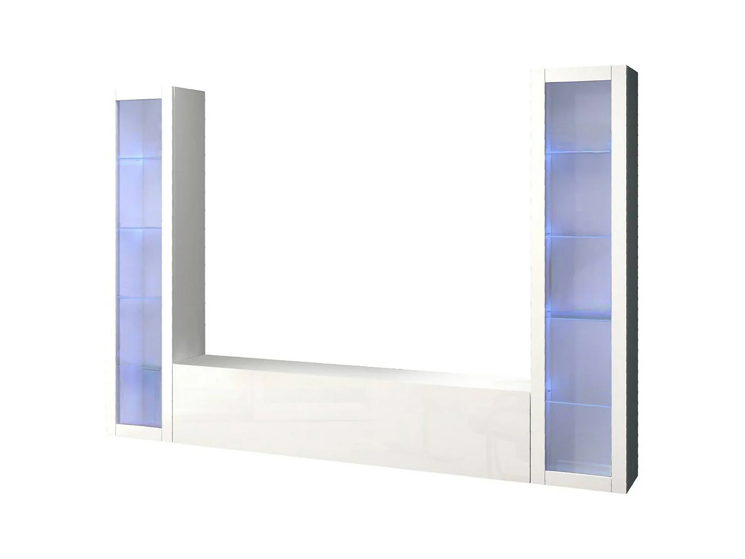 Élément mural Dduc, meuble TV 3 portes, Meuble de salon polyvalent avec vitrine et lumière LED, 100% Made in Italy, 260x30h180 cm, Blanc brillant