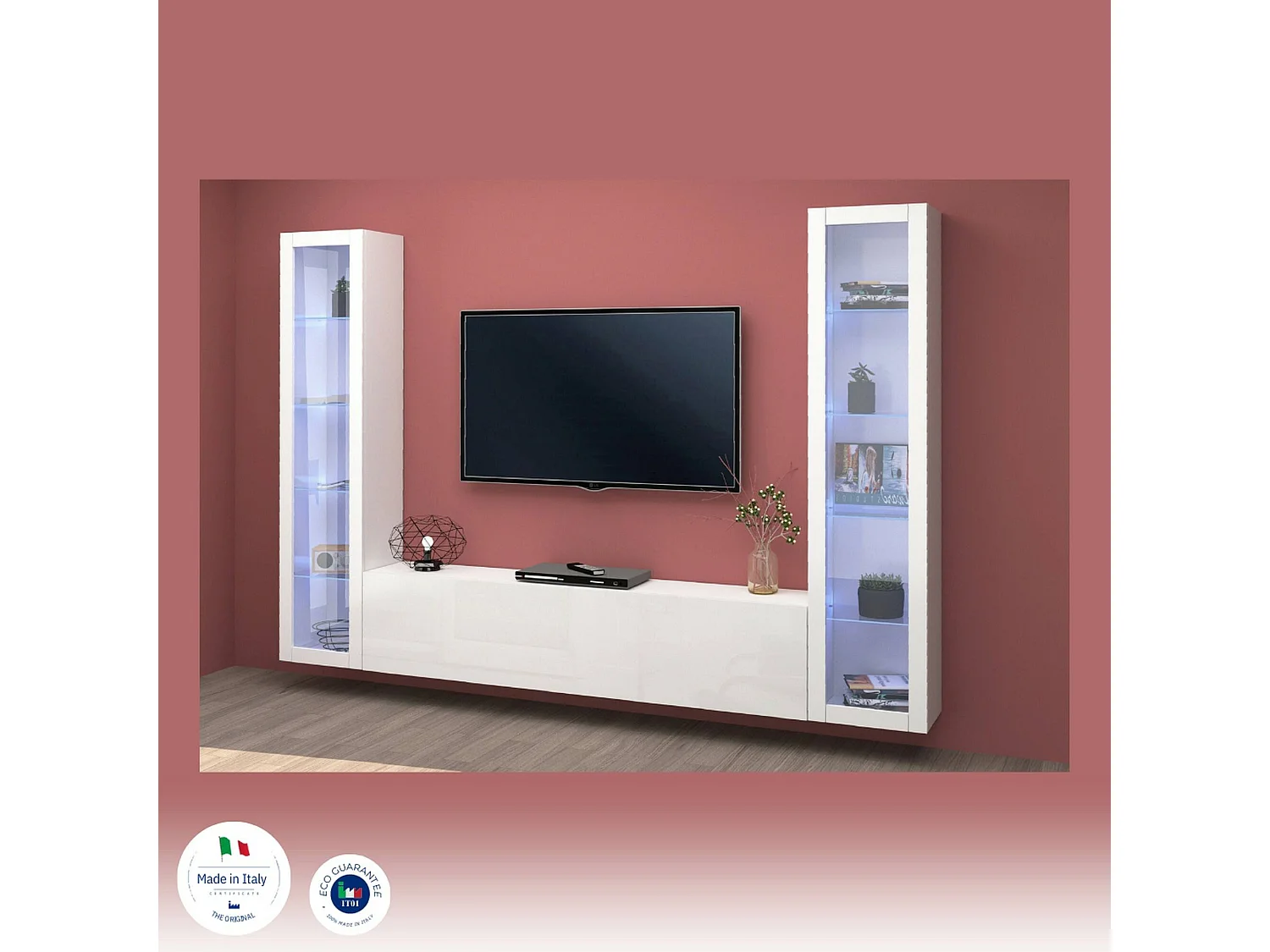 Parete Attrezzata Leda, 9 Ripiani Made in Italy, 30x260x180h cm Bianco Lucido