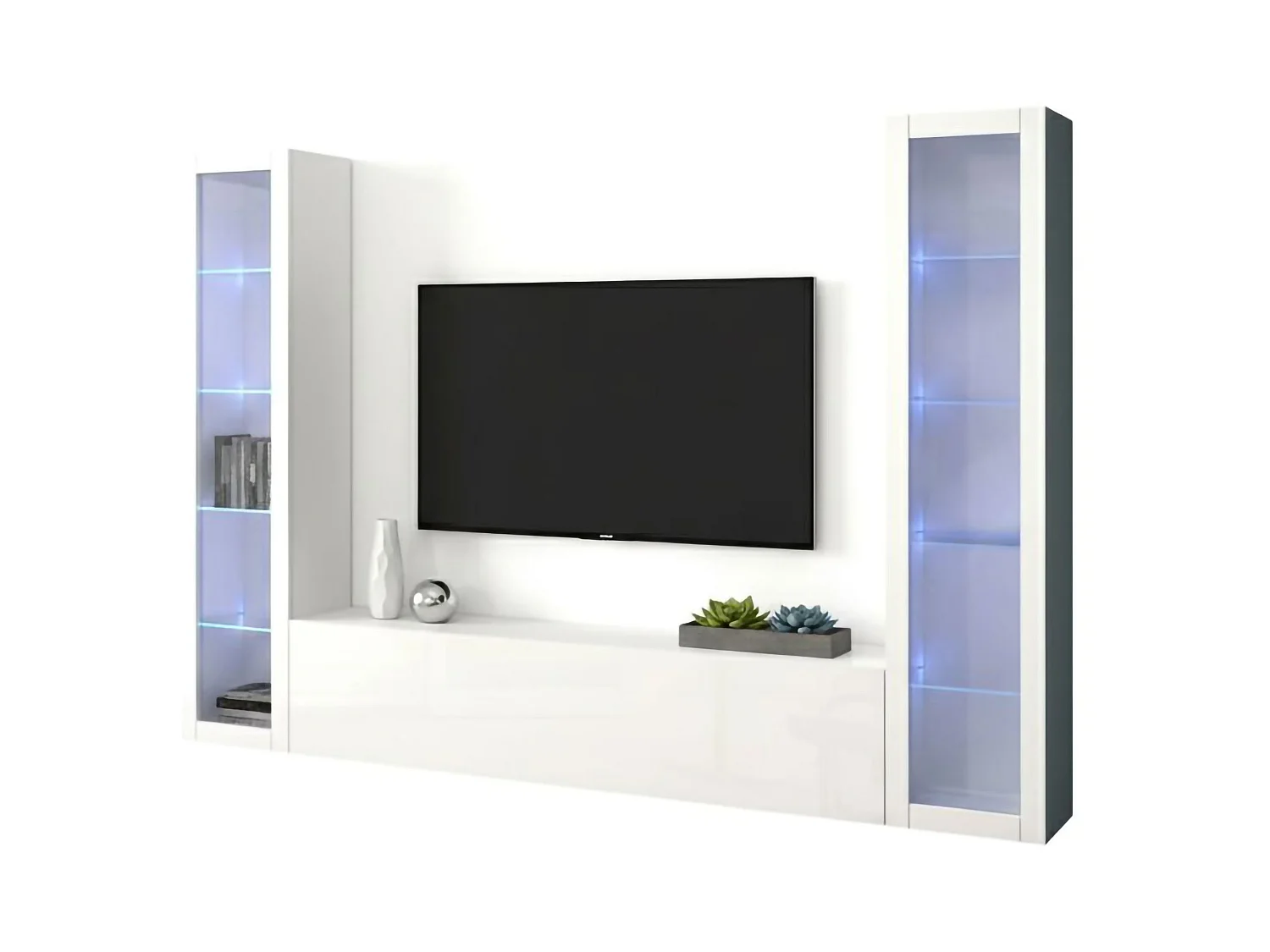 Élément mural Dduc, meuble TV 3 portes, Meuble de salon polyvalent avec vitrine et lumière LED, 100% Made in Italy, 260x30h180 cm, Blanc brillant