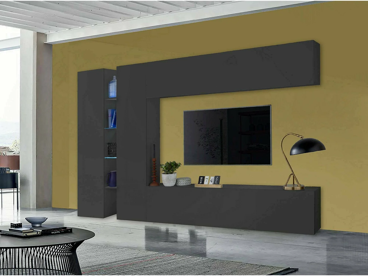 Système mural Dboudr, meuble TV 4 portes, meuble de salon polyvalent, 100% Made in Italy, 280x30x180 cm, Anthracite
