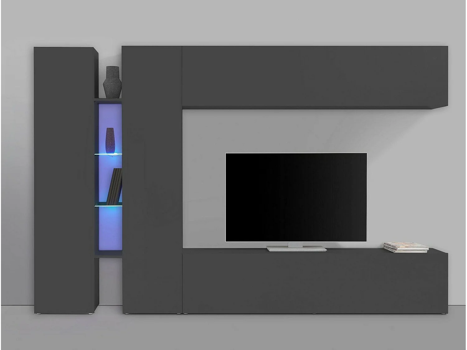 Dboudr wandsysteem, 4-deurs tv-meubel woonkamerset, multifunctioneel woonkamermeubilair, 100% Made in Italy, 280x30x180 cm, antraciet