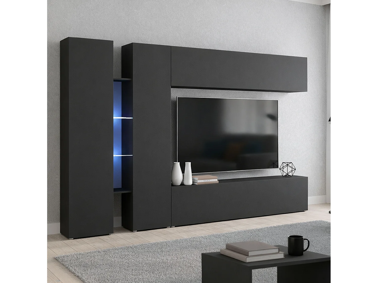 Dboudr wandsysteem, 4-deurs tv-meubel woonkamerset, multifunctioneel woonkamermeubilair, 100% Made in Italy, 280x30x180 cm, antraciet
